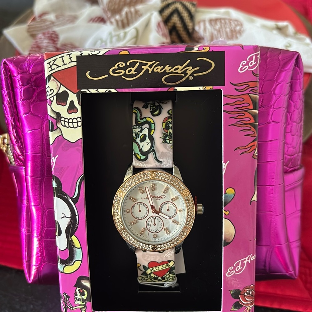 Ed hardy watch and makeup bag hot pink nwt